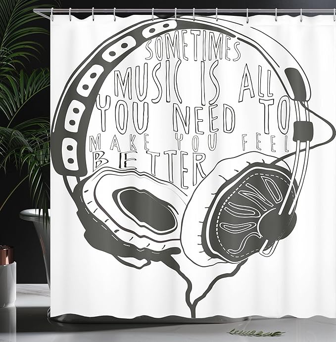 Ambesonne Music Shower Curtain, Headphones Industrial Design Sketch with Words Audio Sound Stereo Scribble, Cloth Fabric Bathroom Decor Set with Hooks, 69" W x 70" L, Charcoal Grey
