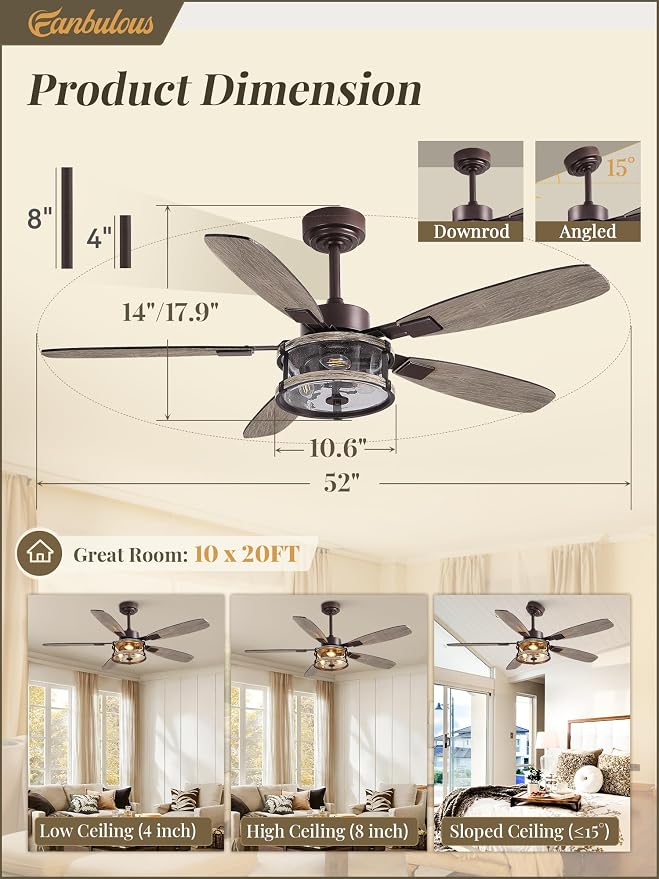 Fanbulous Farmhouse Ceiling Fan with Light and Remote, 52" Black Rustic Flush Mount Ceiling Fans for Bedroom Living Room, Industrial Caged Ceiling Fan for 6 Speed Reversible Motor, 5 Dual Blades