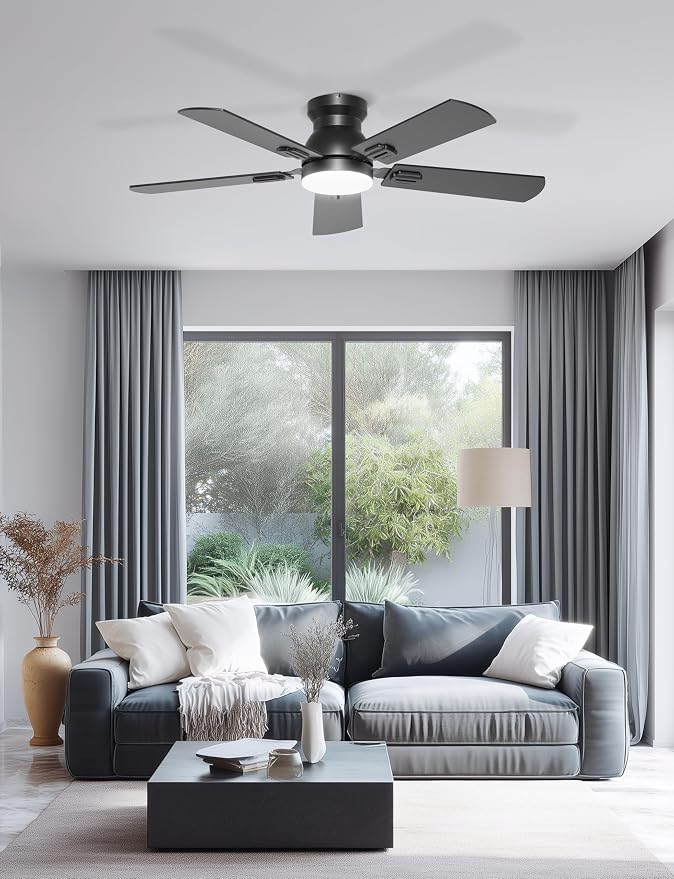 42'' Black Flush Mount Ceiling Fan with Lights for Kids Room | App/Remote Control, Low Profile, Space-Saving, Quiet DC Motor, 3CCT Dimmable, 6 Speeds Modern Overhead Fan for Low Ceilings