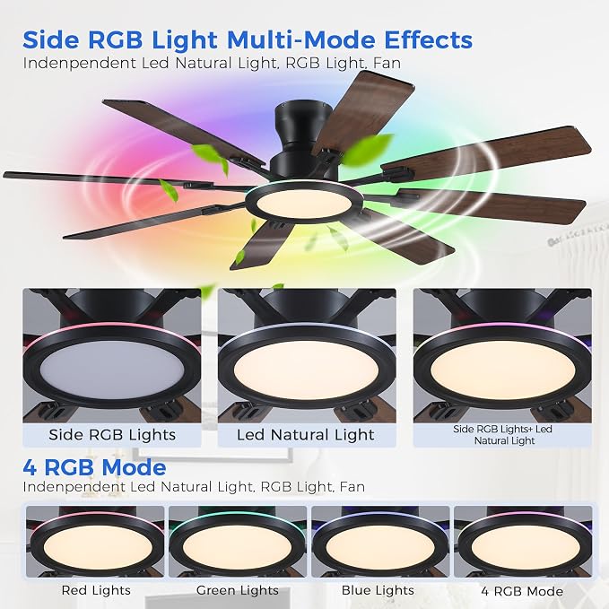 Ayaoty Ceiling Fans with Lights -60in Flush Mount Ceiling Fan with RGB Dimmable, 3CCT 6 Wind Speeds and Reversible Quiet Motor, Low Profile RGB Fan Light for Modern Indoor, Party - Brown