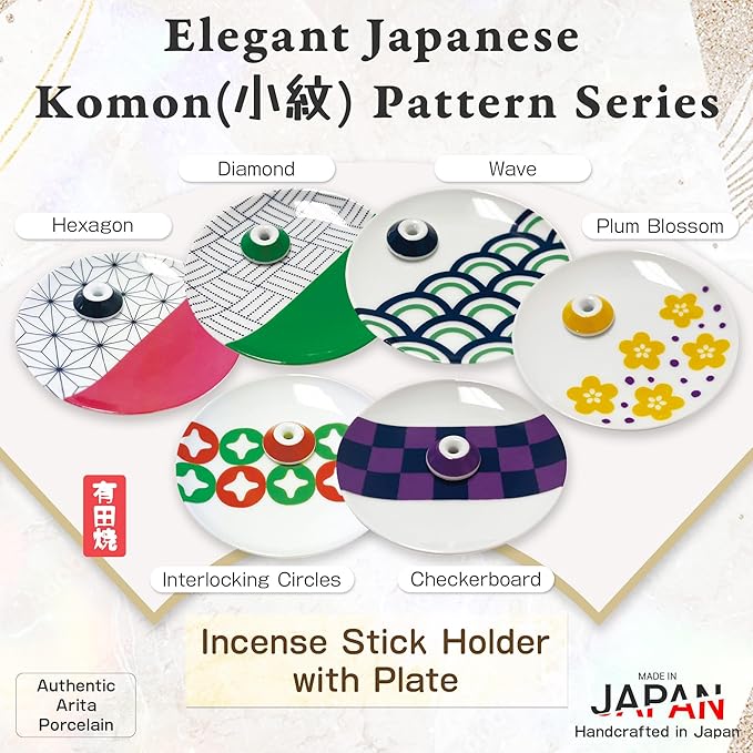 Japanese Arita Ware Incense Plate with Holder - 3.15x0.79 inches, Traditional Wamono Design, Porcelain 小紋柄香皿 (Interlocking Circles Pattern)