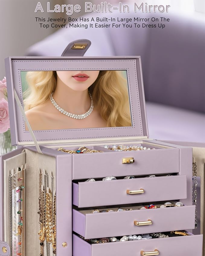 AKOZLIN 6-Tier Jewelry Box Organizer Functional 5 Drawers Leather Jewelry Storage Case for Women Girls Ring Necklace Earring Bracelet Holder Organizer with Mirror XL Purple 360° Rotating