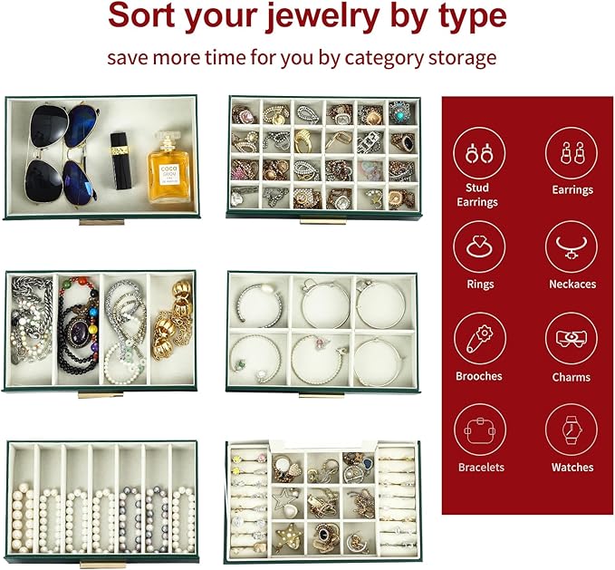 BOOVO Jewelry Box for Women, Green 6 Layer Large Jewelry Organizer with Glass Lid for Necklace, Bracelet, Earrings Storage, Jewelry Organizers and Storage for Girls Gift (Green and Gold, 6 layer)