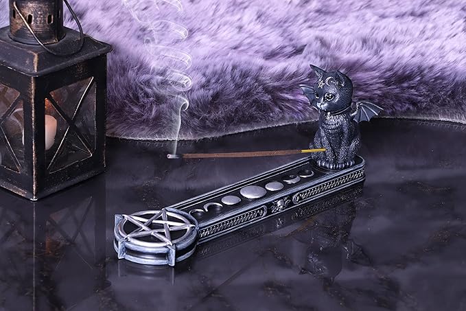 Nemesis Now Malpuss Vampire Cat Incense Burner, Hand-Painted Resin Gothic Decor Featuring Bat Wings and Pentagram Symbol, 24cm