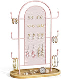 bussdis Jewelry Holder Organizer Earring Display - Earring Storage Tree Stands Towers With 6 Hooks 300 Studs Wood Tray Pink Metal Rack