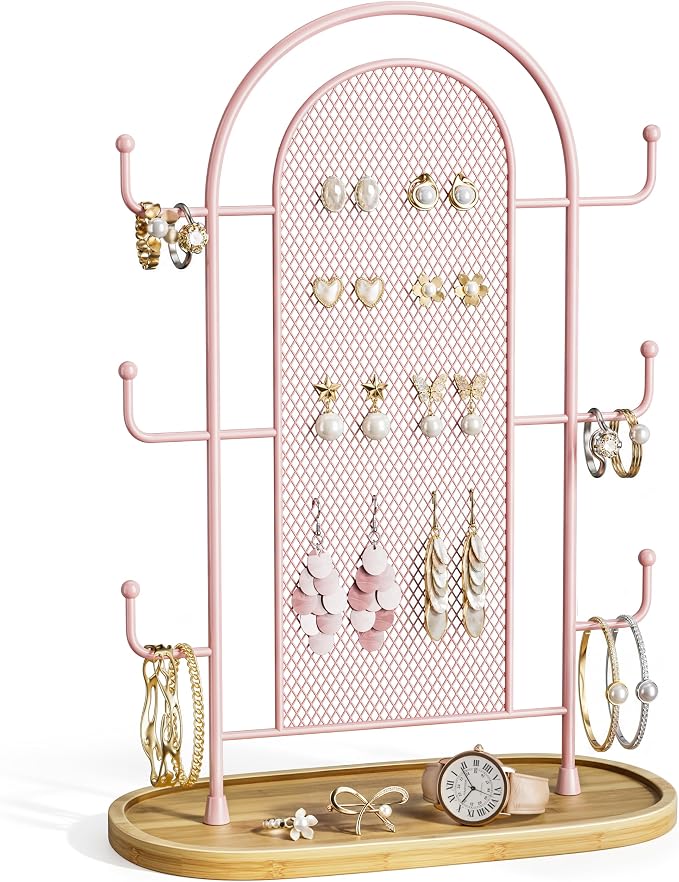 bussdis Jewelry Holder Organizer Earring Display - Earring Storage Tree Stands Towers With 6 Hooks 300 Studs Wood Tray Pink Metal Rack