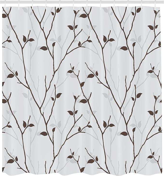 Ambesonne Leaf Shower Curtain, Branches in The Fall Trees Stem Twig with Last Few Leaves Minimalistic Design Art, Cloth Fabric Bathroom Decor Set with Hooks, 69" W x 70" L, Grey Brown