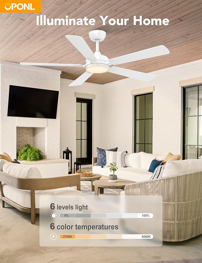 OPONL Ceiling Fan with Light, Ceiling fan with Light and Remote Control, Reversible, 6CCT, Dimmable, Noiseless, Ceiling Fan for Bedroom, Indoor/Outdoor Use, White, 52 inch, Classic