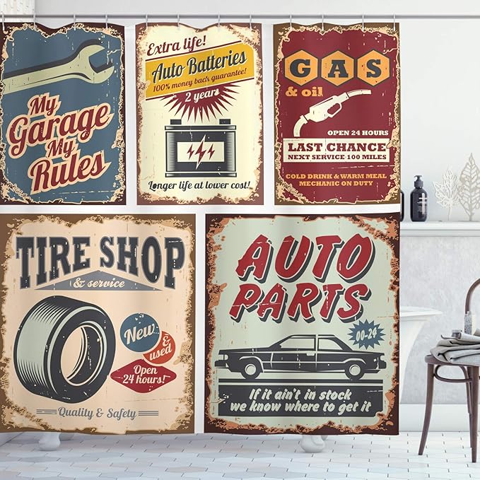 Ambesonne 1950s Shower Curtain, Vintage Car Signs Automobile Advertising Repair Vehicle Garage Classics Servicing, Cloth Fabric Bathroom Decor Set with Hooks, 69" W x 70" L, Burgundy