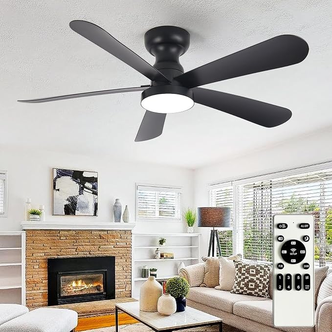 Depuley Black Ceiling Fan with Lights: 42-Inch Flush Mount Fan with Light and Remote - Low Profile Ceiling Fans Reversible Quiet DC Motor for Bedroom Living Room Indoor Outdoor