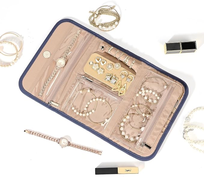 BELALIFE Travel Jewelry Case, Jewelry Organizer Roll for Accessories | Bag with foldable roll design for earrings, necklaces, rings, bracelets and brooches, Blue-Gray