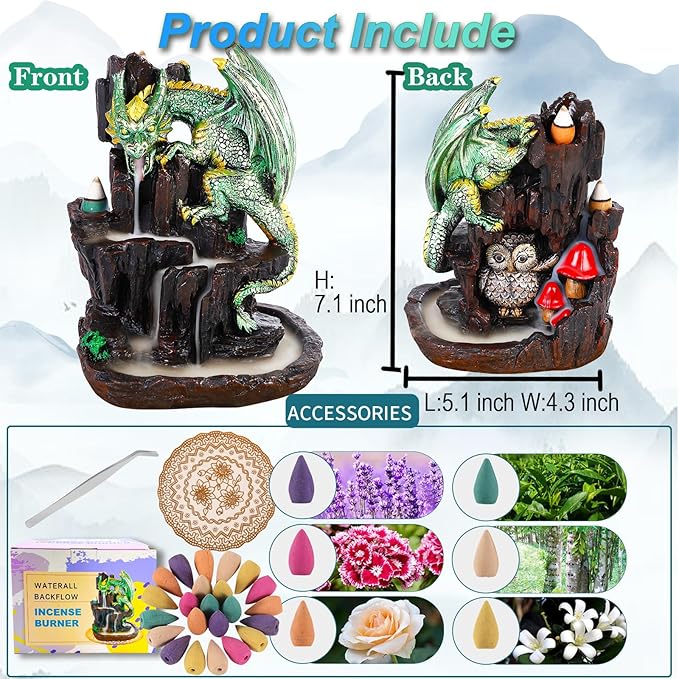 Dragon Backflow 2 Sided Mountain Waterfall Incense Burner,Fountain Smoke Incense Holder with Backflow Incense Cones, Tweezers, Mat，Resin Aromatherapy Meditation (Green)