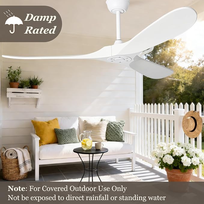 60 Inch White Ceiling Fan No Light, Wood Indoor Outdoor Ceiling Fans for Patios Living Room Bedroom Gazebo, Big 3 Blade Propeller Wet Rated Ceiling Fans for Sloped Angled Ceiling
