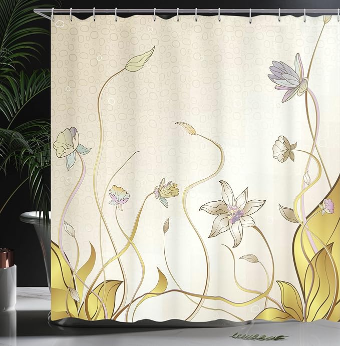 Ambesonne Abstract Shower Curtain, Flower Nature Theme Pattern Nice Lily Blossoms in Spring Pattern Print, Cloth Fabric Bathroom Decor Set with Hooks, 69" W x 70" L, Cream and Mustard