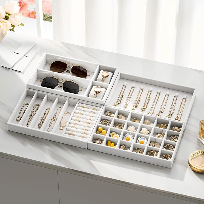 Velvet Jewelry Drawer Organizer Trays – Large White Stackable Jewelry Storage Inserts Set, 4-Layer Jewelry Tray Set for Earrings, Rings, Necklaces, Bracelets with Removable Dividers for Dresser,Vanity