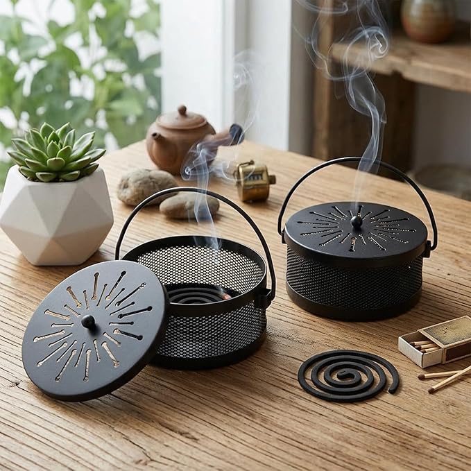 Elsjoy 2 Pack Mosquito Coil Holder with Lid and Handle, Portable Incense Coil Burner Metal Mosquito Incense Holder for Indoor & Outdoor Camping