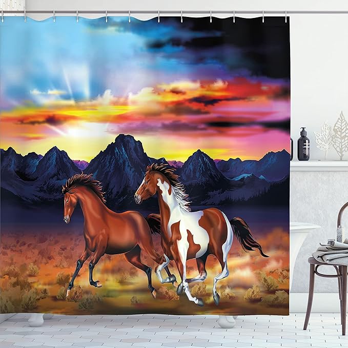 Ambesonne Western Shower Curtain, Running Wild Horses at Sunset Rustic Landscape Colorful Sky Illustration, Cloth Fabric Bathroom Decor Set with Hooks, 69" W x 75" L, Brown Blue