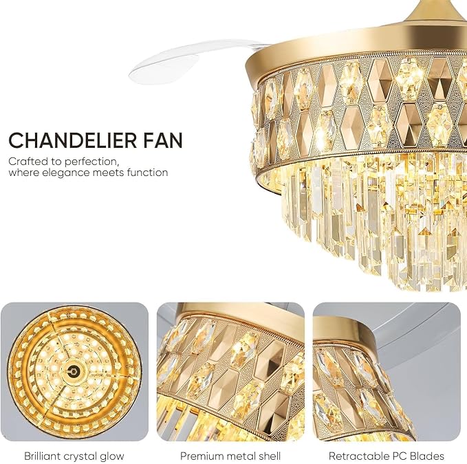 52 Inch Fandelier Ceiling Fan with Light, Chandelier Fan, Retractable Crystal Ceiling Fan Dimmable LED, 3 Color Temperatures, 6 Speeds, for Bedroom & Living Room