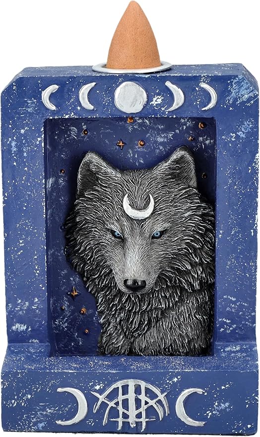 Pacific Giftware 4" Tall Moon Phase Backflow Incense Burner for Spiritual Home Decor, Wolf Figurine