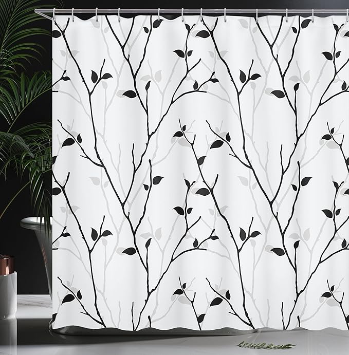 Ambesonne Leaf Shower Curtain, Branches in The Fall Trees Stem Twig Last Few Leafage Minimalistic Design Art, Cloth Fabric Bathroom Decor Set with Hooks, 69" W x 84" L, Coconut Black
