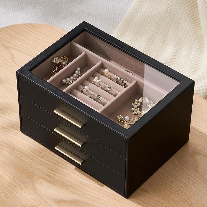pickpiff Jewelry Box Organizer Case for Women: 3-Layer Jewelry Storage Case with Glass Window, Black Leather with Blush Velvet, Holder for Ring Necklace Bracelet Brooch Watch, Great Gift for Her