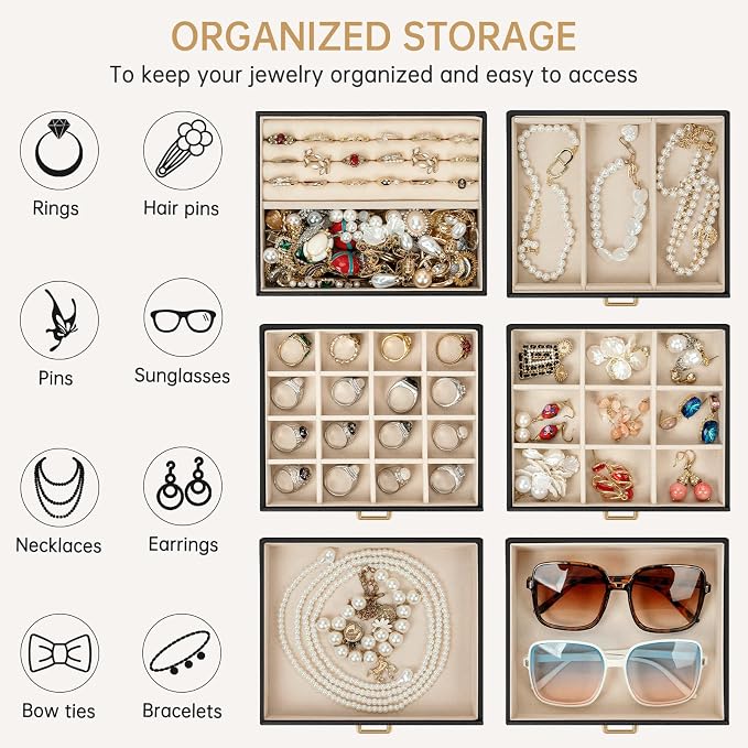 AKOZLIN 6-Tier Jewelry Box Organizer Functional 5 Drawers Leather Jewelry Storage Case for Women Girls Ring Necklace Earring Bracelet Holder Organizer with Mirror Medium Black