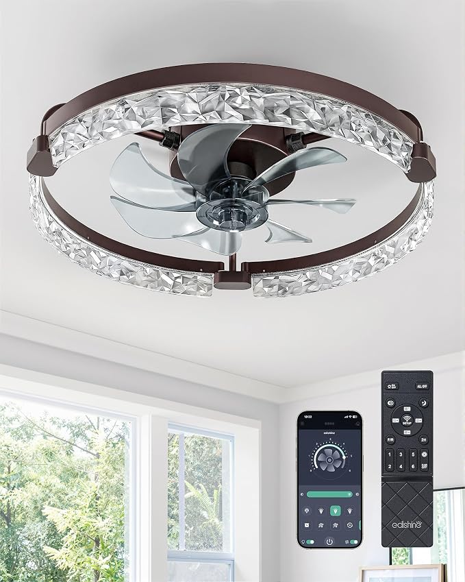 EDISHINE 20'' Ceiling Fans with Lights and Remote, LED Low Profile Fan Light, 3000-6000K Dimmable, 6 Speeds Flush Mount Ceiling Fan, DC Motor, APP Control, Modern Fandelier for Bedroom, Brown