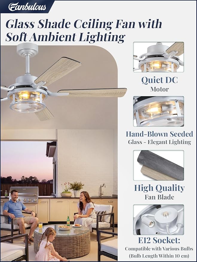Fanbulous 52 Inch Ceiling Fan with Light and Remote,Downrod Mount Farmhouse Ceiling Fan for Bedroom, Quiet 6-Speed Reversible DC Motor, Rustic White & Wood Finish Blades