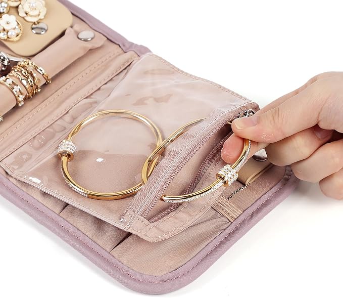 BELALIFE Travel Jewelry Case, Jewelry Organizer Roll for Accessories | Bag with foldable roll design for earrings, necklaces, rings, bracelets and brooches,Peach-Pink