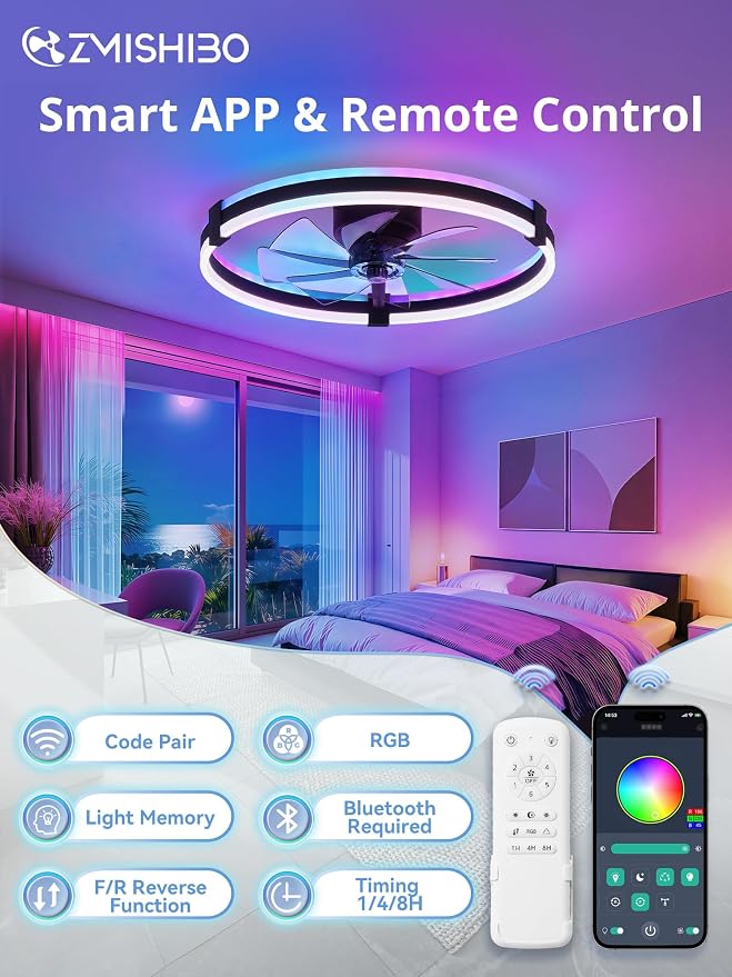 ZMISHIBO RGB Ceiling Fans with Lights and Remote, 23 inch Low Profile Ceiling Fan with Light, 3000K-6000K Dimmable & RGB, Modern Fandelier Flush Mount Ceiling Fan, Small LED Fan for Bedroom,Black