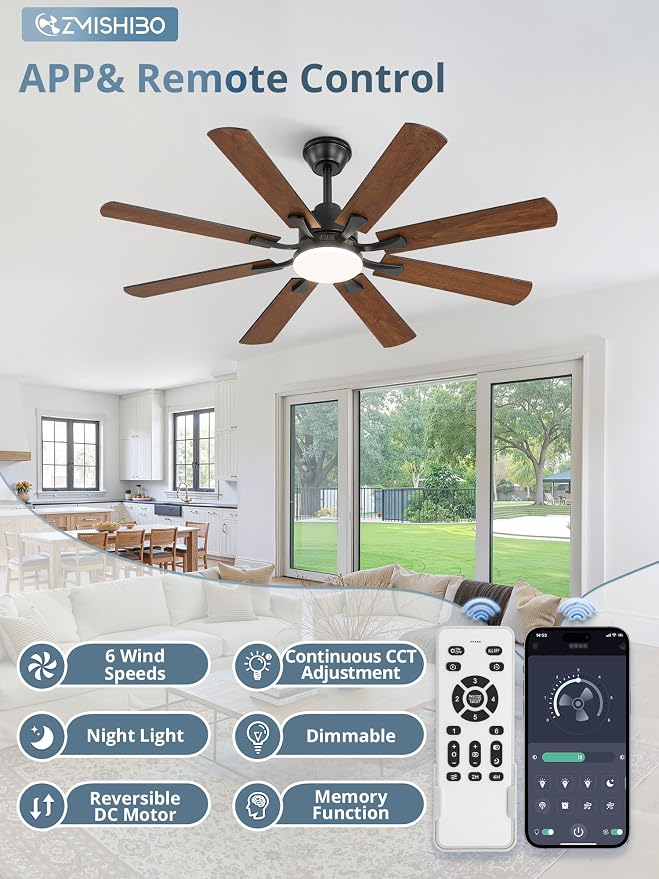 ZMISHIBO 52 inch Ceiling Fan with Light and Remote, 8 Blades Ceiling Fans with 20W LED Light, Quiet DC Motor, 6 Speeds, Stepless Color Temperature Change & Dimmable, for Bedroom Living Room, Black