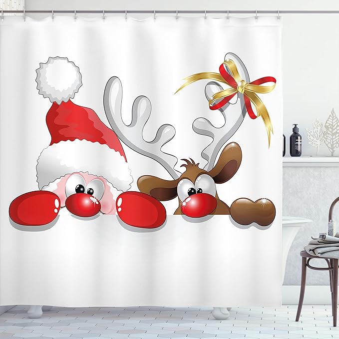 Ambesonne Christmas Shower Curtain, Funny Christmas Santa Claus and Reindeer Peeking Cartoon Style Humor, Cloth Fabric Bathroom Decor Set with Hooks, 69" W x 75" L, Vermilion Caramel White