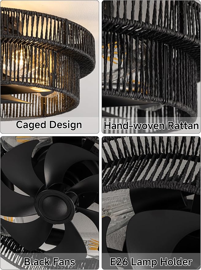 Handwoven Boho Ceiling Fans with Lights Flush Mount,Rattan Farmhouse Caged Fandelier Low Profile Enclosed Chandelier Fan with 6 Speeds for Bedroom,Nursery,Dining Room(Black)