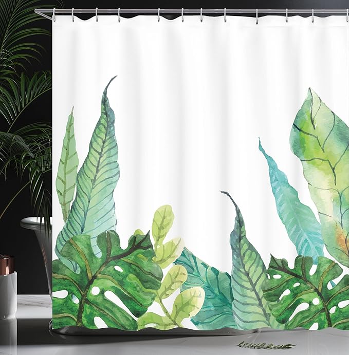 Ambesonne Leaf Shower Curtain, Watercolor Hand Drawn Style Print Panda Banana Fragipani Tropical Trees Exotic Leaves, Cloth Fabric Bathroom Decor Set with Hooks, 69" W x 70" L, Green White