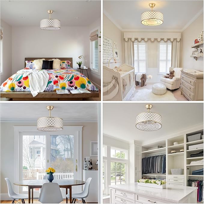 Gold Fandelier Ceiling Fan with Light, 20" Caged Gold Chandelier Ceiling Fans with Lights Remote Control, Fabric Mid-Century Modern with 6 Speeds for Bedroom, Nursery, Living Room.