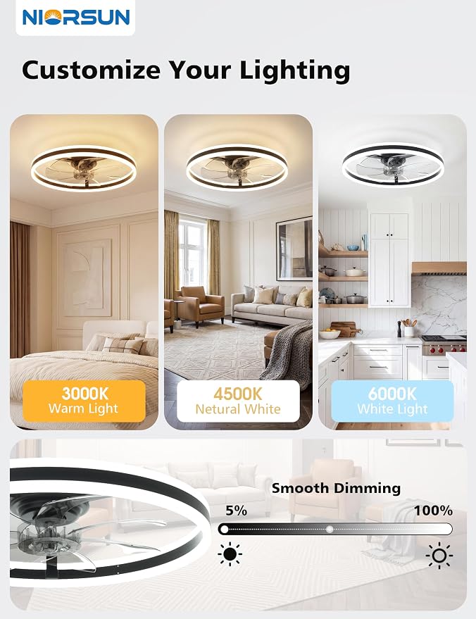 NIORSUN RGB Ceiling Fans with Lights and Remote, Modern Smart LED Ceiling Fans Light, 6 Speeds & 3000K-6500K Dimmable, Quiet Bladeless Fandelier Ceiling Fan with Light for Bedroom(24Inch, Black)
