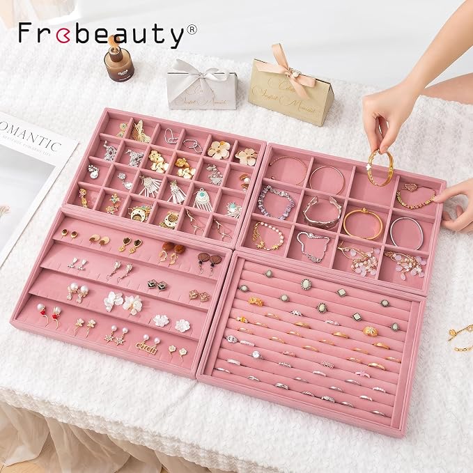 Frebeauty Jewelry Trays for Drawer,Set of 4 Jewelry Organizer and Storage | Velvet Material,Stackable,Adjustable Dividers,Drawer Inserts for Rings Studs Bracelet,Earring Organizer for Women Girls