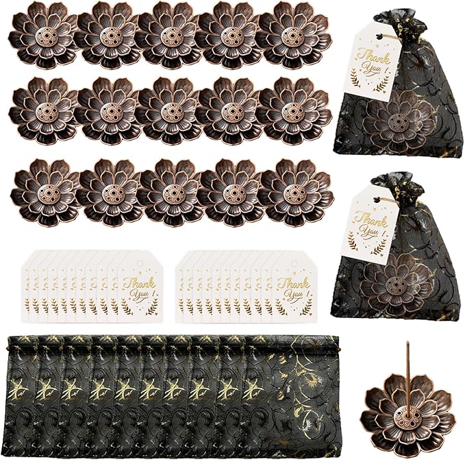 60Set Diwali Gifts Bulk, Lotus Incense Holder Set Ideal Return Gifts for Pooja, Brass Lotus Incense Sticks Holder with Organza Bag and Thank You Card for Indian Return Gift Party Favors