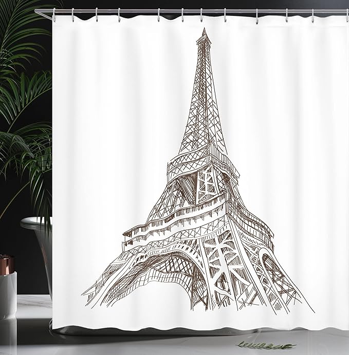 Ambesonne Paris Shower Curtain, Sketchy Look Illustration of Eiffel Tower European Building Art Work Print Classic, Cloth Fabric Bathroom Decor Set with Hooks, 69" W x 70" L, Brown