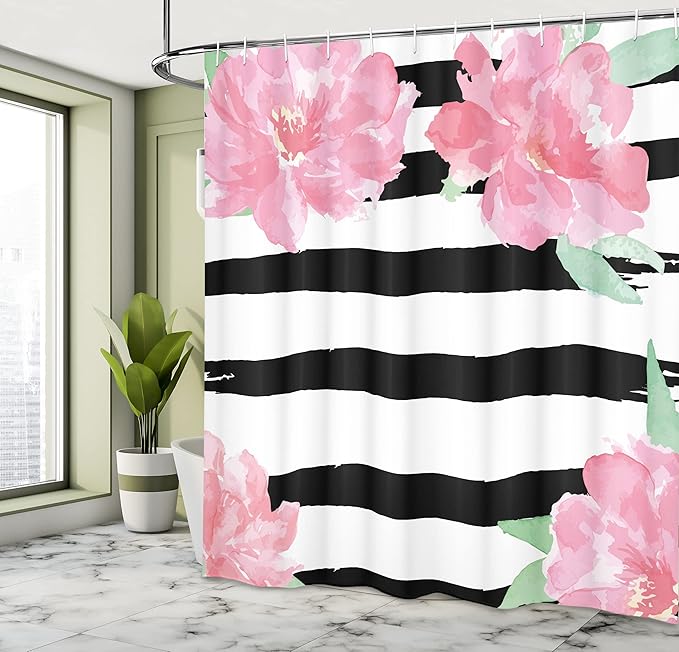 Ambesonne Floral Shower Curtain, Watercolor Peony Flowers with Black Brush Strokes Romantic Spring Print, Cloth Fabric Bathroom Decor Set with Hooks, 69" W x 70" L, Pink White
