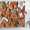 Ambesonne Gingerbread Man Shower Curtain, Tasty Looking Traditional Cookies Little Snowflakes Cinnamon, Cloth Fabric Bathroom Decor Set with Hooks, 69" W x 84" L, Umber Pale Brown White