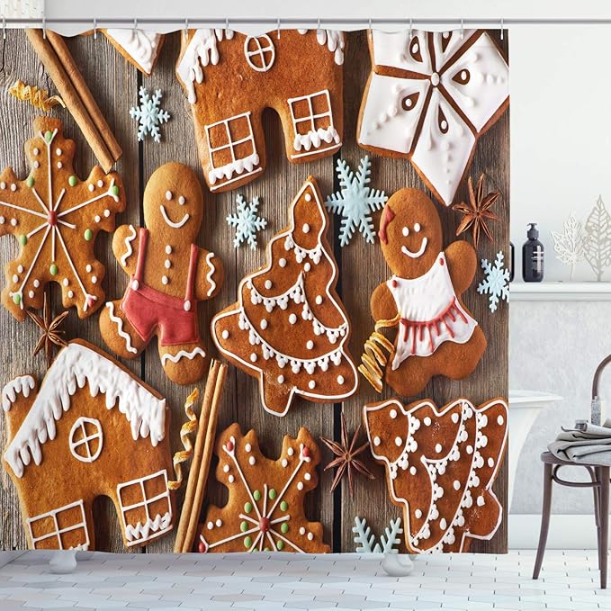 Ambesonne Gingerbread Man Shower Curtain, Tasty Looking Traditional Cookies Little Snowflakes Cinnamon, Cloth Fabric Bathroom Decor Set with Hooks, 69" W x 75" L, Umber Pale Brown White