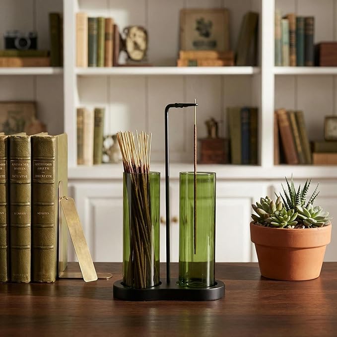 Green Glass Incense Holder, Incense Sticks Holder Burner with Storage,Hang Upside Down Incense Holder for Sticks with Glass Ash Catcher for Meditation Yoga Spa Room Decor (Green)