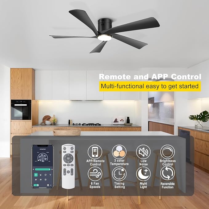 Ohniyou 52” Low Profile Modern Black Ceiling Fan with Lights | Remote/APP Control, Flush Mount, 3CCT Dimmable LED, Quiet DC Motor, Reversible, Indoor & Covered Outdoor Overhead Fans