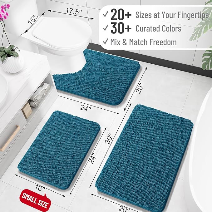 OLANLY Large Bathroom Rugs 40x24, Extra Soft Absorbent Chenille Bath Rugs, Rubber Backing Quick Dry, Machine Washable Bath Mats for Bathroom Floor, Tub and Shower, Home Decor Accessories, Peacock Blue