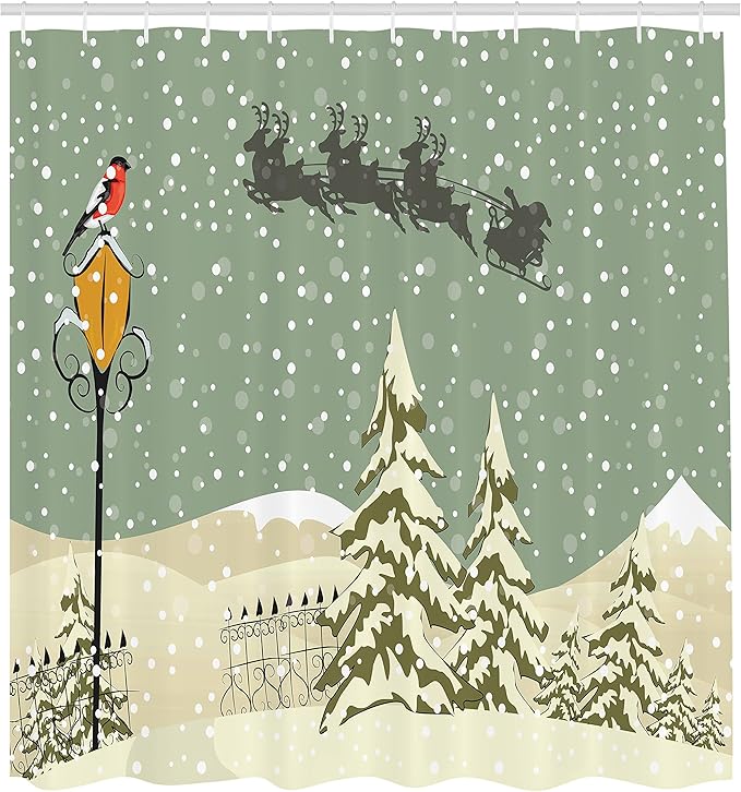 Ambesonne Christmas Shower Curtain, Santa Claus Flying Reindeer Christmas Composition Winter Season, Cloth Fabric Bathroom Decor Set with Hooks, 69" W x 84" L, Beige Green White