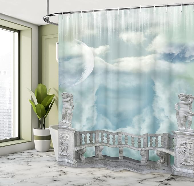 Ambesonne Mystic Shower Curtain, Balcony in The Sky with Angel Castle in Victorian Style Architecture, Cloth Fabric Bathroom Decor Set with Hooks, 69" W x 70" L, White Blue