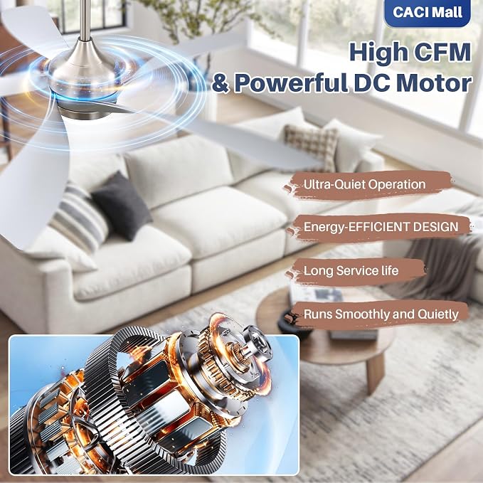 CACI Mall 52 inch Smart Ceiling Fan with Lights, Remote Control, Compatible with Alexa/Google/App, 5 Blades, Dimmable Lighting, Quiet, Indoor/Outdoor Ceiling Fans for Living Room, Bedroom, Patios