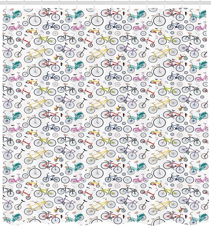 Ambesonne Bicycle Shower Curtain, Retro Style Colorful Bicycles of All Styles and for All Age Groups Training Wheels, Cloth Fabric Bathroom Decor Set with Hooks, 69" W x 70" L, Dark Blue Grey
