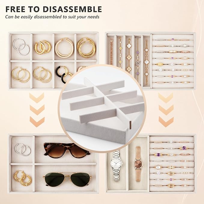 Jewelry Organizer for Drawer, Velvet Jewelry Drawer Organizer Inserts, 4-Layer Beige Stackable Jewelry Trays for Rings Earrings Necklaces Bracelets with Removable Dividers for Dresser Vanity